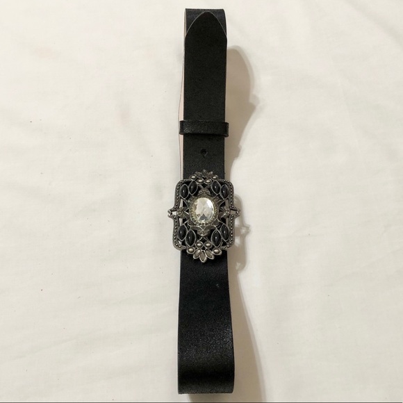 Express Women’s Black Faux Leather Belt, Fancy Rectangle Buckle with Crystals- M - Picture 10 of 17